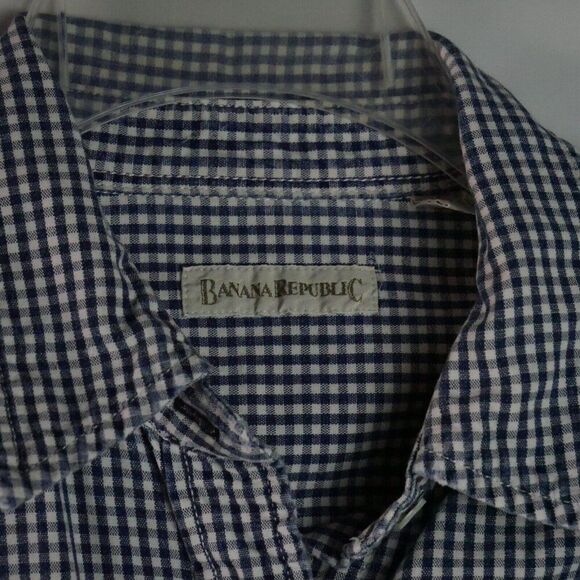 Banana Republic Men's Size L Pearl Snap Plaid Blue Short-Sleeve Button Down - Picture 3 of 12
